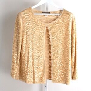 Sigrid Olsen Silk Sequin Embellished Knit Cardigan Sweater Gold Sparkly‎ Size M